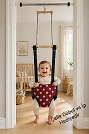 Bordo Yıldız Desenli Lüks Bebek Zıpzıp - Yaylı Hoppala ve Gelişim Salıncağı Çelik Dübel ve İp Hediyeli Tam Set