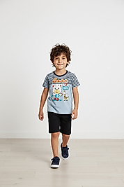 Erkek Çocuk Ayıcık Baskılı Çizgili Kısa Kollu Şortlu Takım