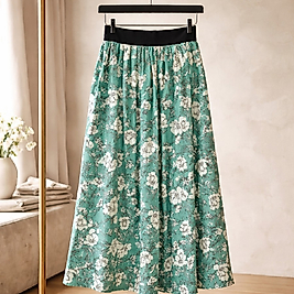 Kız Çocuk Yeşil Çiçek Desenli Beli Lastikli Astarsız Etek