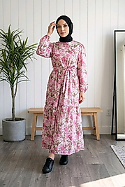 Kadın Pembe Çiçekli Beli Lastikli Uzun Elbise - 130 cm  Boy Uzun Kollu Elbise