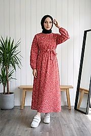 Kadın Kırmızı Çiçek Desenli Beli Lastikli Uzun Elbise - 130 cm Maxi Boy Kuşaklı Elbise