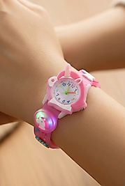 Pembe Renkli Unicorn Temalı Led Işıklı Çocuk Saati - Yumuşak Silikon Kayışlı Analog Saat