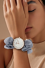 Kadın Rose Gold Gümüş Gri Şifon Fular Kordonlu Scrunchie Tasarım Kol Saati