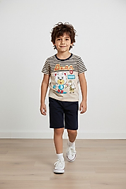 Erkek Çocuk Ayıcık Baskılı Çizgili Kısa Kollu Tişört ve Şort Takım