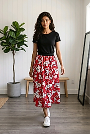 "Kadın Kırmızı Çiçek Desenli Beli Lastikli Uzun Etek - Rahat Kesim Maxi Etek"