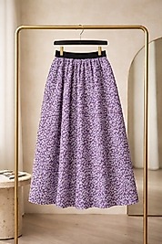 Kız Çocuk Lila Çiçek Desenli Beli Lastikli Astarsız Etek