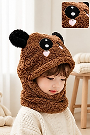 Kız ve Erkek Çocuk Peluş Ayıcık Bere Boyunluk Seti - Kahverengi Kulaklı Sıcak Tutan Kışlık Bebek Bere Takımı