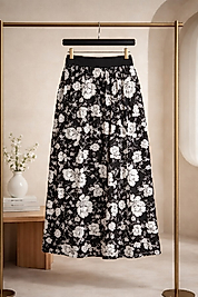 Kız Çocuk Siyah Beyaz Çiçek Desenli Beli Lastikli Astarsız Etek