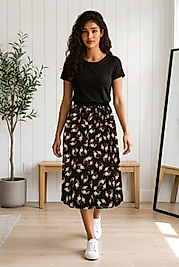 Kahverengi Papatya Desenli Beli Lastikli Salaş Uzun Etek - Rahat Kesim"