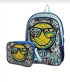 Hip Hop Style Gülen Yüz Desenli İlkokul Çantası ve Beslenme Çantası Seti - 2'li Okul Takımı