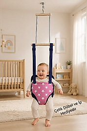 Pembe Yıldız Desenli Lüks Bebek Zıpzıp - Yaylı Hoppala ve Gelişim Salıncağı Çelik Dübel ve İp Hediyeli Tam Set