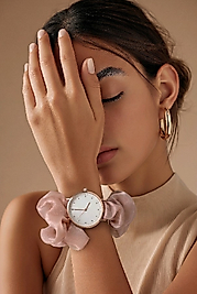 Kadın Rose Gold Pudra Pembe Şifon Fular Kordonlu Scrunchie Tasarım Kol Saati