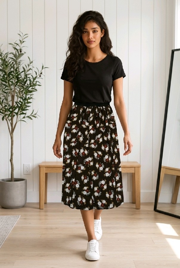 Kahverengi Papatya Desenli Beli Lastikli Salaş Uzun Etek - Rahat Kesim"