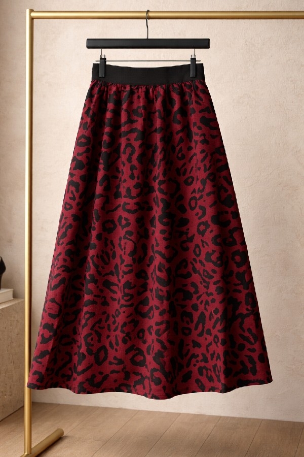 Kız Çocuk Bordo Leopar Desenli Astarlı Namaz Eteği - Uzun