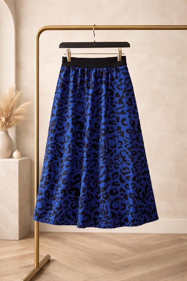 Kız Çocuk Saks Mavisi Leopar Desenli Full Astarlı Uzun Etek