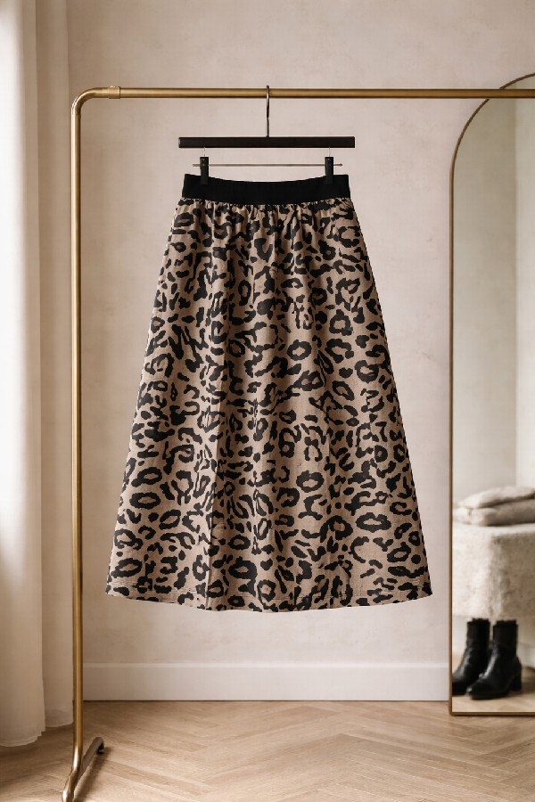 Kız Çocuk Kahve Leopar Desenli Full Astarlı Uzun Etek