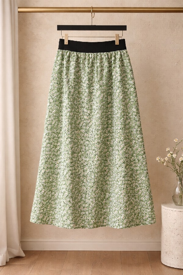 Kız Çocuk Çiçek Desenli Beli Lastikli Astarsız Etek