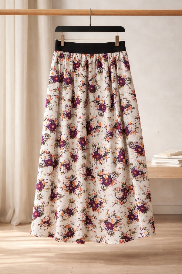 Kız Çocuk Çok Renkli Çiçek Desenli Beli Lastikli Astarsız Etek