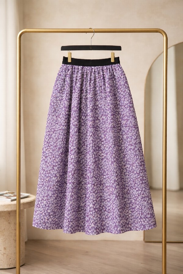 Kız Çocuk Lila Çiçek Desenli Beli Lastikli Astarsız Etek