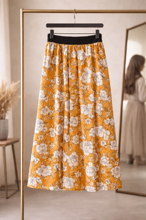 Kız Çocuk Hardal Çiçek Desenli Beli Lastikli Astarsız Etek