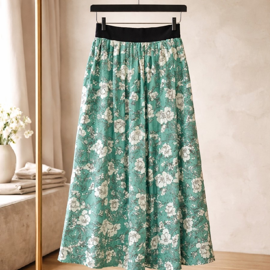 Kız Çocuk Yeşil Çiçek Desenli Beli Lastikli Astarsız Etek