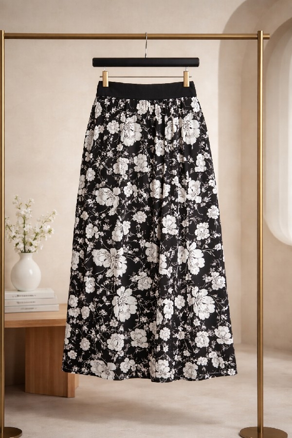 Kız Çocuk Siyah Beyaz Çiçek Desenli Beli Lastikli Astarsız Etek