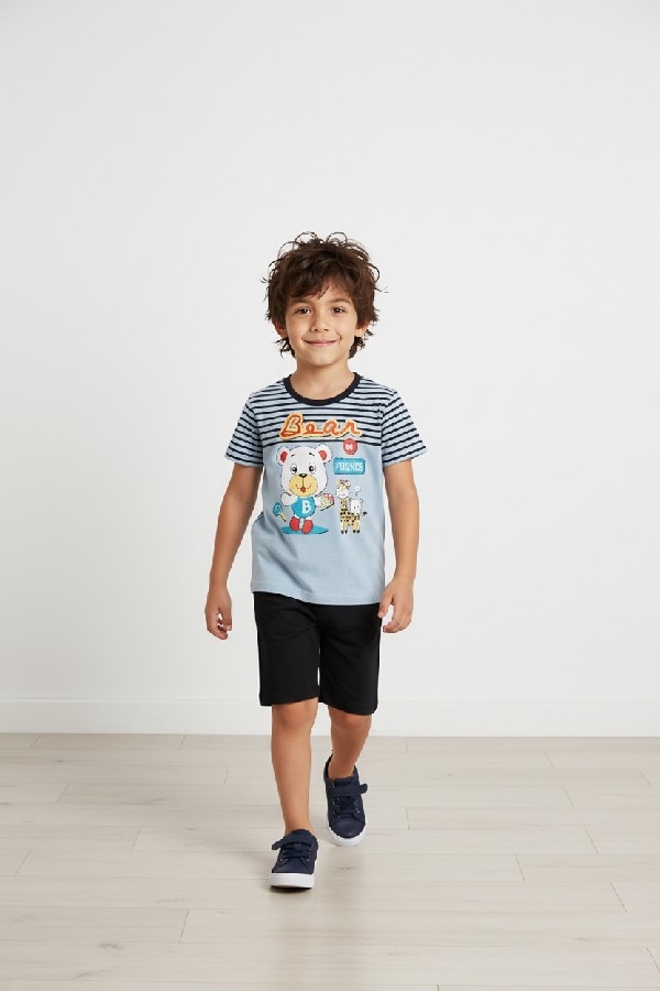 Erkek Çocuk Ayıcık Baskılı Çizgili Kısa Kollu Şortlu Takım