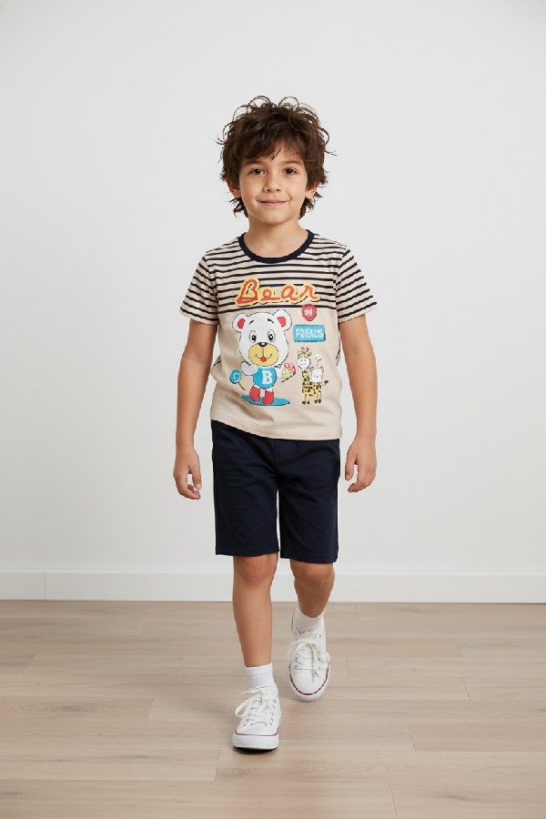 Erkek Çocuk Ayıcık Baskılı Çizgili Kısa Kollu Tişört ve Şort Takım