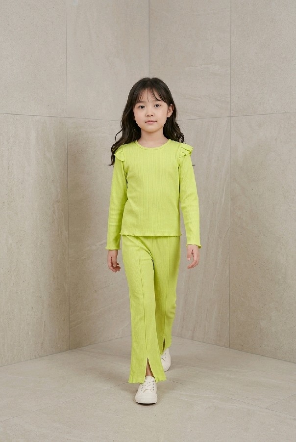 Kız Çocuk Fırfırlı Fitilli Takım - Lime Yeşili İspanyol Paça Alt Üst Set