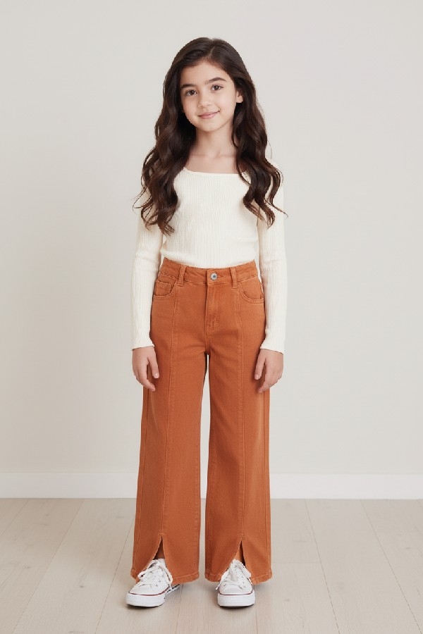 Kız Çocuk Turuncu Yırtmaç Detaylı Geniş Paça Pantolon
