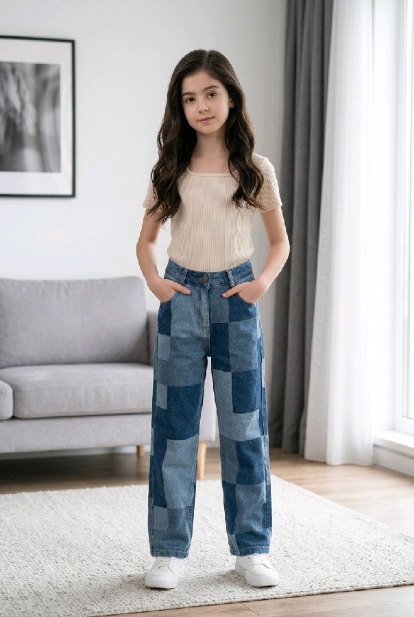Kız Çocuk Damalı Patchwork Desenli Geniş Paça Pamuklu Pantolon - Füme Mavi