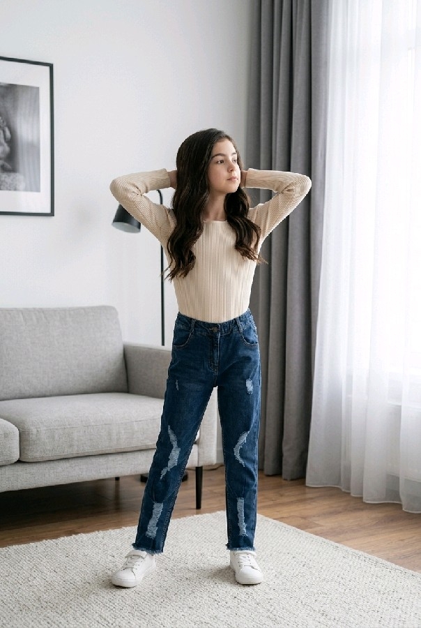 Kız Çocuk Koyu Mavi Yırtık Detaylı Mom Jean Kot Pantolon - Taşlanmış Denim