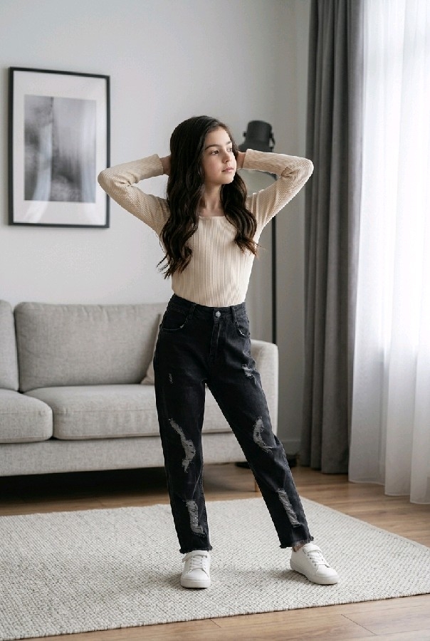 Kız Çocuk Lazer Kesim Eskitme Detaylı Pantolon Jean - Antrasit Siyah Mom Fit